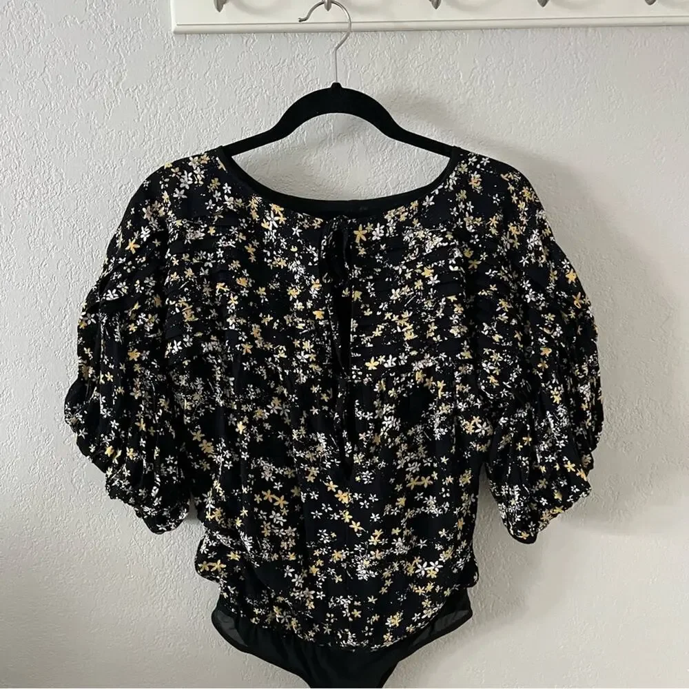 Free People Dessa Black Floral Puff-Sleeve Bodysuit
